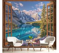 Papel Pintado Salón Dormitorio Lago Vista Desde La Ventana - Fotomurales Panorámico Pared Montañas Naturales Decorativos Murales Grande Azul Cielo Fotográfico Decoración De Paredes, 300X210Cm