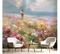 Papel Pintado Salón Dormitorio Pradera De Flores Románticas - Fotomurales Panorámico Pared Pintura Al Óleo Vintage Decorativos Murales Grande Verde Polvo Fotográfico Decoración De Paredes, 400X280Cm