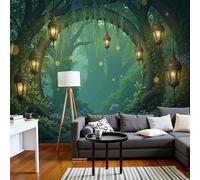 Papel Pintado Sendero Misterioso Del Bosque Fotomurales Arco De Linternas De Fantasía Pegatinas de Hogar Verde Arte de Pared Decorativos Pared para Dormitorio Salón Pasillo Fondo de TV, 350x250cm