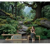 Papel Pintado Senderos De La Selva Tropical Salón Dormitorio - Representación Realista De Helechos Tejido No Tejido Fotomurales Pared, Verde Oscuro Murales para salón fondo de TV, 350 x 256 cm