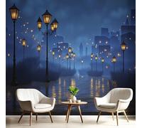 Papel Pintado Siluetas Ciudad Efecto 3D Paisaje Después De La Lluvia Farolas Salón Dormitorio - Fotomurales Pared Tela de Seda Decorativos Murales Fotográfico de Paredes (400Anx280Al cm)