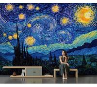 Papel Pintado Siluetas Montañas Y Vistas De Pueblos Pintando La Noche Estrellada 400 × 280 cm Fotomurales Pared Seda Decorativos Murales Fotográfico De Paredes Salón Dormitorio Habitación Azul Oscuro