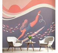 Papel Pintado Surfista Femenina Buceando Fotomurales Pintura De Ilustración Minimalista Tapiz Fotográfico Decorativos Papel Para Pared Salón Pasillo Dormitorio Comedor,450 × 315 Cm, Rosa Claro