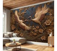 Papel Pintado Tallado Madera Grulla Antigua 3D, Papel Pintado Tejido No Tejido Ondas Florales Japonesas Marrón Óxido Para Salón Y Dormitorio Oficina, Fotomurales Murales Decorativos Pared, 250X175Cm