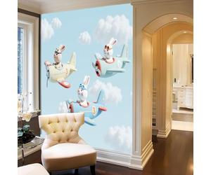 Papel pintado tejido no tejido azul claro Animales de dibujos animados y nubes blancas Aviones divertidos mural de pared para dormitorio sala de estar,transpirable y fácil de instalar