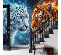 Papel pintado tejido no tejido de alta,Fotomurales Animales: tigres y leopardos de las nieves Patrón de llamas y nieve de fantasía 400x280cm Decorativos Murales resistente