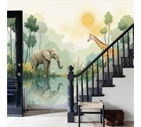 Papel pintado tejido no tejido de alta,Fotomurales Paisaje natural brumoso y de ensueño Animales adorables: elefantes y jirafas 350x256cm Decorativos Murales resistente