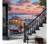Papel pintado tejido no tejido Mural 150x105cm Waldbach |Decoración De Pared Sala Cuarto |Ciudad del Tranvía Rojo Puesta de sol en las calles de San Francisco,transpirable y fácil de instalar