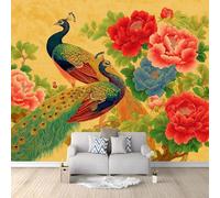 Papel pintado tejido no tejido Pavo Real Peonía Oriental Flor Elegante 250 x 175 cm, Fotomurales 3D Decoración de Pared - Murales para Pared de Dormitorio y Salón Amarillo