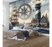 Papel pintado tejido no tejido Púrpura brújula de barco faro Patrón de lago y océano con velero de Hainan Airlines mural de pared para dormitorio sala de estar,transpirable y fácil de instalar