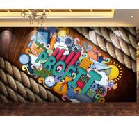 Papel Pintado Tridimensional Nostálgico Grano De Madera Cuerda De Cáñamo Dibujos Animados Graffiti Música Tema Bar Té De La Tarde Restaurante Occidental Fondo Pared Papel Pintado Cafetería Mural,3D,