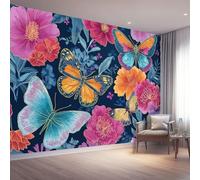 Papel pintado Tropical Acuarela Animales Mariposas Panorámicas 400 x 280 cm Papel pintado no tejido para sala de estar, dormitorio infantil, dormitorio interior, rosa planta peonía, flor de pared