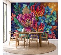 Papel Pintado Tropical Flores Pared 3D Papel Tapiz - Llama Grulla Blanca Orquídea Murales Tapiz Fotomural para Sala Cuarto Oficina Salón Tv Fondo Pared Dormitorio Decoración, Azul Zafiro Rojo Vino