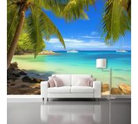 Papel Pintado Tropicalazul Playa Cocoteros 3D Panorámico No Tejido - Fotomurales Decorativos Para Salón Dormitorio Y Oficina - Diseño Moderno Pared Del Hogar