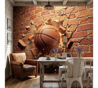 Papel Pintado Una Pelota De Baloncesto Atraviesa Un Muro De Ladrillos 350x256cm Fotomurales Seda Arte De Ilusión Óptica 3D, Realismo Papel Tapiz Murales Fotográfico Decor De Paredes, Marrón Rojizo