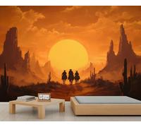 Papel Pintado Vaquero del Oeste con Atardecer en El Desierto Salvaje Murales de Caballos para Paredes de Comedores Rústicos Mural de 400 X 280 cm
