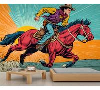 Papel Pintado Vaquero Juvenil con Caballos Al Galope Ideal para Habitación de Chicas Mural Retro del Oeste para Salón O Dormitorio Póster de 100 X 70 cm