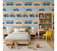 Papel Pintado Vehículos De Construcción Pared Papel Tapiz - Dibujos Animados Autobús Camión Murales Tapiz Fotomural para Sala Cuarto Oficina Salón Dormitorio Decoración, Azul Albaricoque