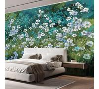 Papel Pintado Verde 250 x 175 cm - Papel Pintado Panorámico Flores Blancas Hierba, Naturaleza Pintura Al Óleo Fotomurales Decoración de Pared, Para Sala de Estar Dormitorio comedor oficina