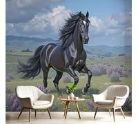 Papel Pintado Verde - Papel Pintado Panorámico 350x256cm, Animales salvajes Caballos y flores de campo Foto Mural Decoración Del Hogar Para Sala dormitorio comedor oficina