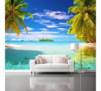 Papel Pintado Viento Tropicalazul Cocoteros Playa 3D Panorámico No Tejido - Fotomurales Decorativos Para Salón Dormitorio Y Oficina - Diseño Moderno Pared Del Hogar