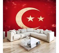 Papel Pintado Vintage Luna Estrellas Banderas Paisaje 300 x 210 cm, Rojo Tejido No Tejido Póster Fotomurales Decoración Pared, Para Dormitorio Salón Decorativos Murales