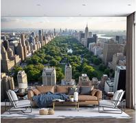 Papel pintado Vista aérea de la ciudad Rascacielos de Central Park, mural de tejido no tejido para salón dormitorio o comedor, 350x256cm, impresión mate, acabado premium, Verde grisáceo