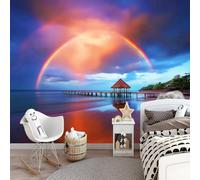 Papel Pintado XXL 3D Orilla Del Mar De Ensueño Arcoíris Muelle Playa 350 x 256 cm, Papel Pintado TNT para Comedor y Dormitorio, Mural Decorativo para Renovación del Hogar No Autoadhesivo