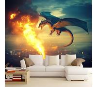 Papel Pintado XXL 3D Verde Fantasía Ciudad Fuego Dragón 250 x 175 cm - Papel Pintado Técnico TNT para Comedor y Dormitorio, Mural Decorativo de Alta Definición para Renovación del Hogar