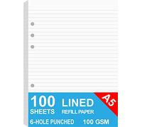 Papel rayado A5, recambios para planificador Filofax, organizador, carpetas, 6 agujeros perforados, 100 hojas/200 páginas, 100 g/m², blanco, 5.8 x 8.2 pulgadas