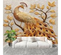 Papel Tapiz 200x140 cm Pavo Real Dorado En Relieve Decoración De Pared Sala Cuarto Oficina Salón Papel Pintado a Prueba de Humedad Blanco Fotomural limpiable - Mural de Papel Pintado