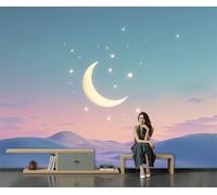 Papel Tapiz 250X175 Cm, Papel Pintado Media Luna Y Estrellas Ensueño Para El Hogar, Dormitorio Y Sala De Estar, Decoración De Paredes, Mural Ilustración Minimalista No Tejido, Azul Verdoso