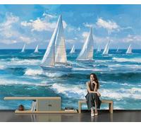 Papel Tapiz 300×210 Cm, Papel Pintado Barco De Vela De Mar Para El Hogar, Dormitorio Y Sala De Estar, Decoración De Paredes, Mural Estilo Impresionista No Tejido, Azul Cielo