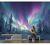Papel Tapiz 350×256 Cm, Papel Pintado Paisaje Forestal Bajo La Aurora Para El Hogar, Dormitorio Y Sala De Estar, Decoración De Paredes, Mural Fantásticos Paisajes Naturales No Tejido, Azul Oscuro