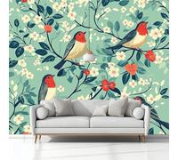 Papel Tapiz 3D 150 x 105 cm (Ancho x Altura), Fotomural Tradicional Primavera Flores Y Pájaros Ramas para Habitación Infantil TV Mural Dormitorio Fondo de Pared, Papel Tapiz Decoración de Pared Verde