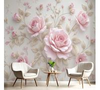 Papel Tapiz 3D, Murales Fotográfico con Estampado 3D Flores, Papel Tapiz de Rosa Hojas, Decoración de Pared para Sala de Estar, Dormitorio, Sofá, Rosa arroz, 150Anx105Al cm