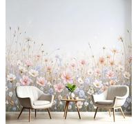 Papel Tapiz 3D, Murales Fotográfico con Estampado Acuarela Flores, Papel Tapiz de Pradera Flores Silvestres, Decoración de Pared para Sala de Estar, Dormitorio, Sofá, Rosa azulado, 250Anx175Al cm