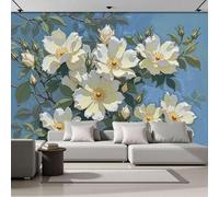 Papel Tapiz 3D, Murales Fotográfico con Estampado Pintura Al Óleo, Papel Tapiz de Rosas Silvestres Hojas Verdes, Decoración de Pared para Sala de Estar, Dormitorio, Sofá, Azul Blanco, 300x210 cm