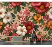 Papel Tapiz 3D, Murales Fotográfico Con Flores Tropicales, Papel Tapiz Patrón Orquídea Y Hojas Palma, Decoración De Pared Para Sala De Estar, Dormitorio, Sofá, Rosa, 150 X 105 Cm