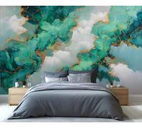 Papel tapiz abstracto de mármol verde azulado y dorado, mural de arte fluido con detalles metálicos, decoración de pared extraíble para dormitorio y sala de estar. 300x230cm (No es autoadhesivo)