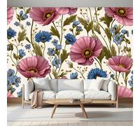 Papel Tapiz Amapolas Campanillas Murales, Estampado Flores Silvestres Acuarela Mural de Pared Papel Azul pálido Fotográfico para Tapiz Pared para TV Sala Estar Dormitorio, 300Anx210Al cm Fotomural