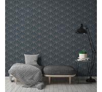 Papel Tapiz Art Déco Con Diseño De Líneas - Azul, Dorado, Negro