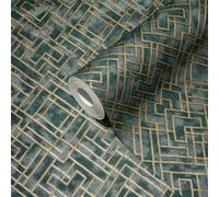 Papel Tapiz Art Déco Con Patrón Gráfico Plateado - Verde