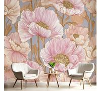 Papel Tapiz Art Nouveau Fotográfico Flores Grandes Dibujadas A Mano Fotomural Decoración De Pared Rosa Papel Pintado de Pared para Baño, Sala de Estar, Dormitorio, 300x210cm