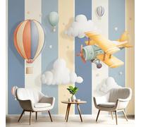 Papel Tapiz Avión Nubes Globo Aerostático Murales, Estampado Acuarela Mural de Pared Papel Beige Fotográfico para Tapiz Pared para TV Sala Estar Dormitorio, 300Anx210Al cm Fotomural