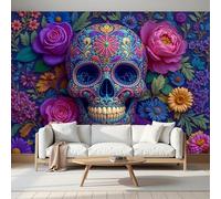Papel Tapiz Calaveras Flores Murales, Estampado Gótico Mural de Pared Papel Púrpura Fotográfico para Tapiz Pared para TV Sala Estar Dormitorio, 450Anx315Al cm Fotomural