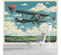 Papel Tapiz Campo De Aviones Antiguos Murales, Papel Tapiz Fotográfico Estilo De Ilustración Retro 250x175cm, Azul Fotográfico Para Tapizs Pared Para Niños Y Niñas Dormitorio Habitación Infantil