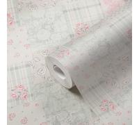 Papel Tapiz Casa De Campo Con Patrón Floral Y A Cuadros - Gris, Rojo, Blanco