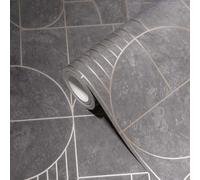 Papel Tapiz Con Diseño Art Deco Efecto Azulejo - Gris, Metálico