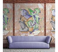 Papel Tapiz Con Diseño De Ladrillo Y Graffiti - Marrón, Beige, Rojo